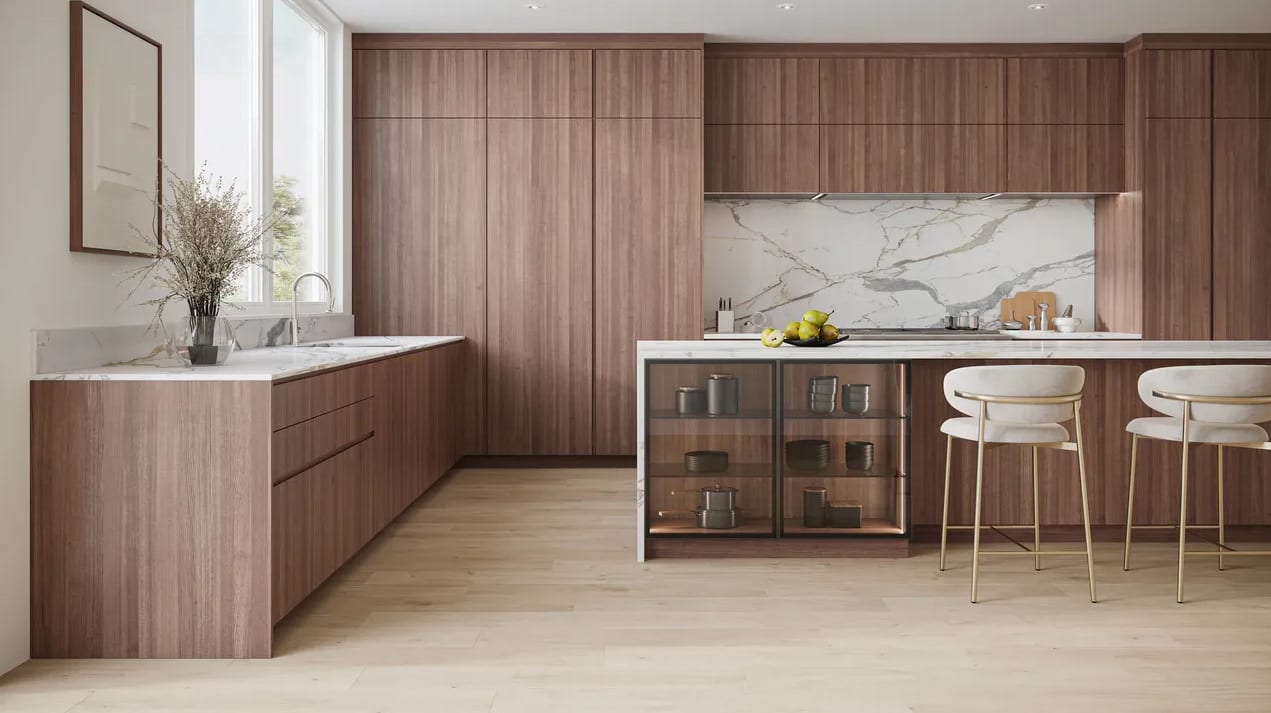 glass front display unit in island of a luxury German kitchen designed by eggersmann for the beverly private residences at tanglewood in uptown houston