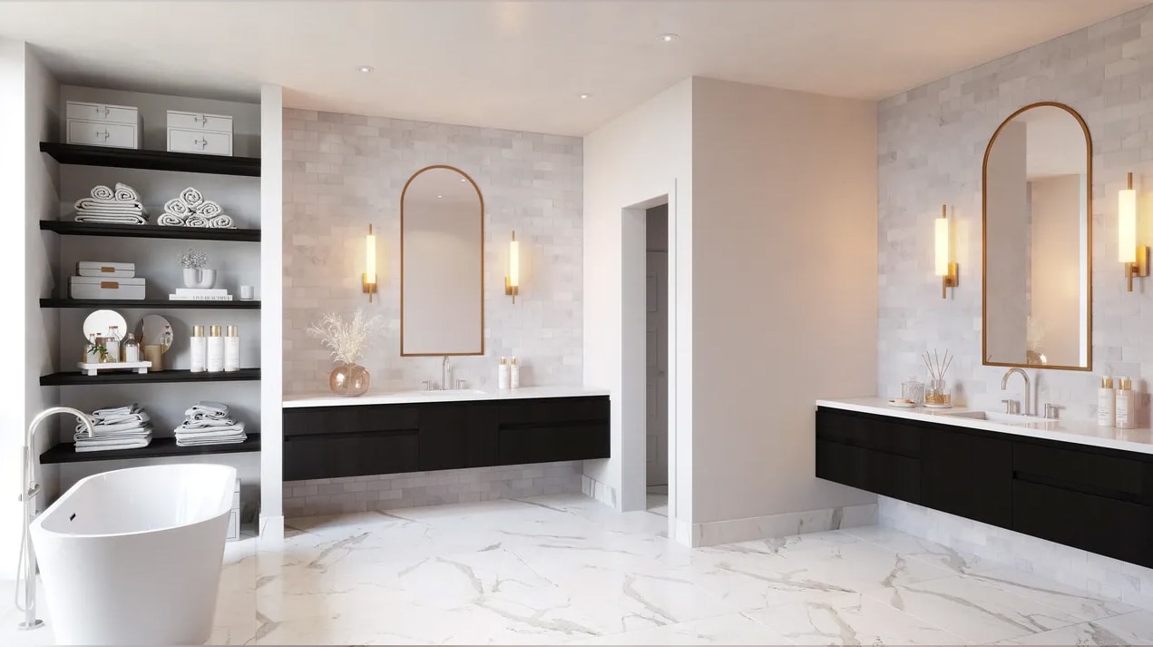 luxury bathroom designed by eggersmann with dark cabinetry for the beverly private residences at tanglewood in uptown houston