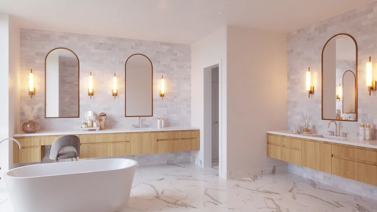 luxury bathroom designed by eggersmann with light cabinetry for the beverly private residences at tanglewood in uptown houston