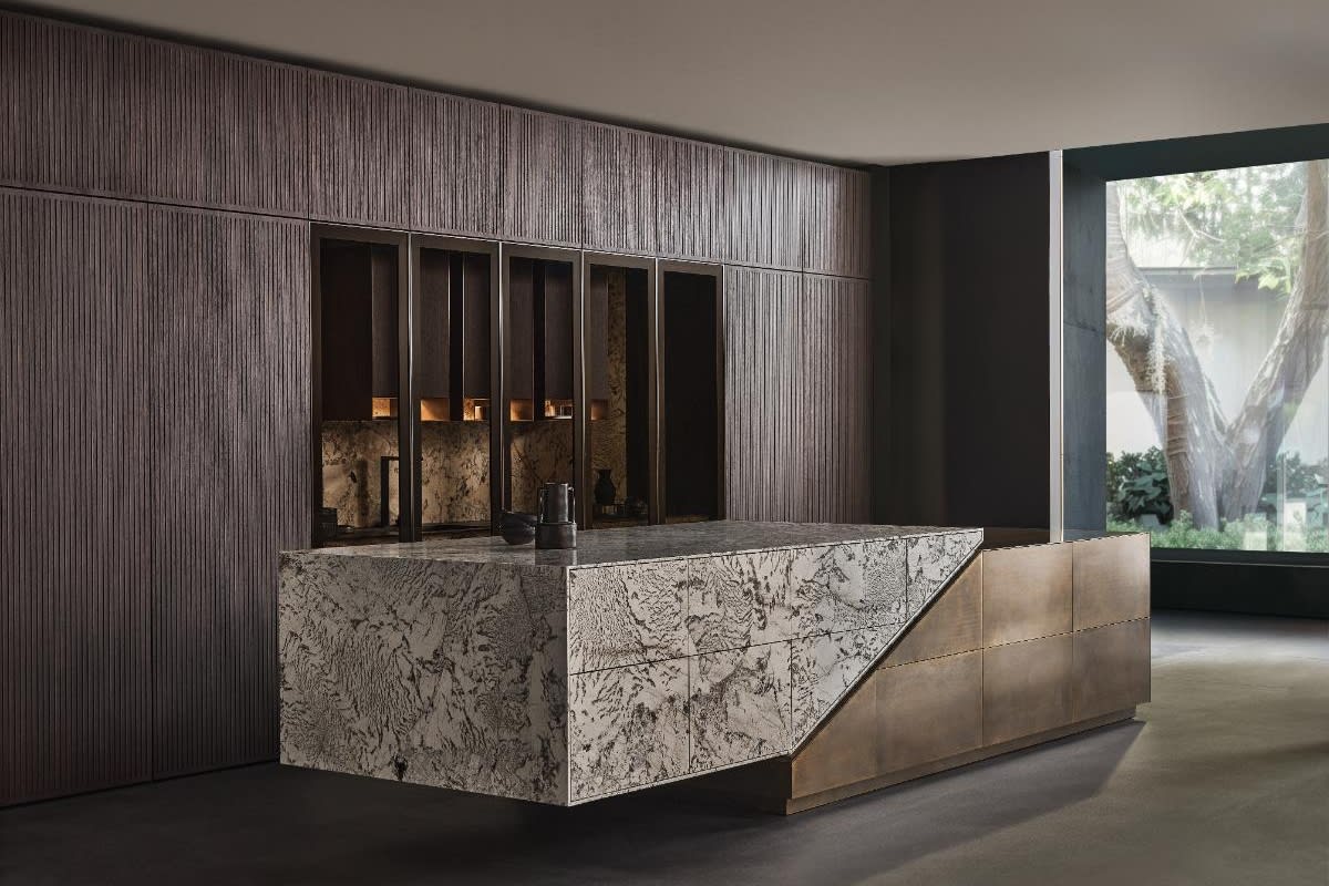 eggersmann skywalk kitchen island exhibit at eurocucina 2024 in salone del mobile in milan kitchen-island with wall cabinetry in lausanne bog Oak