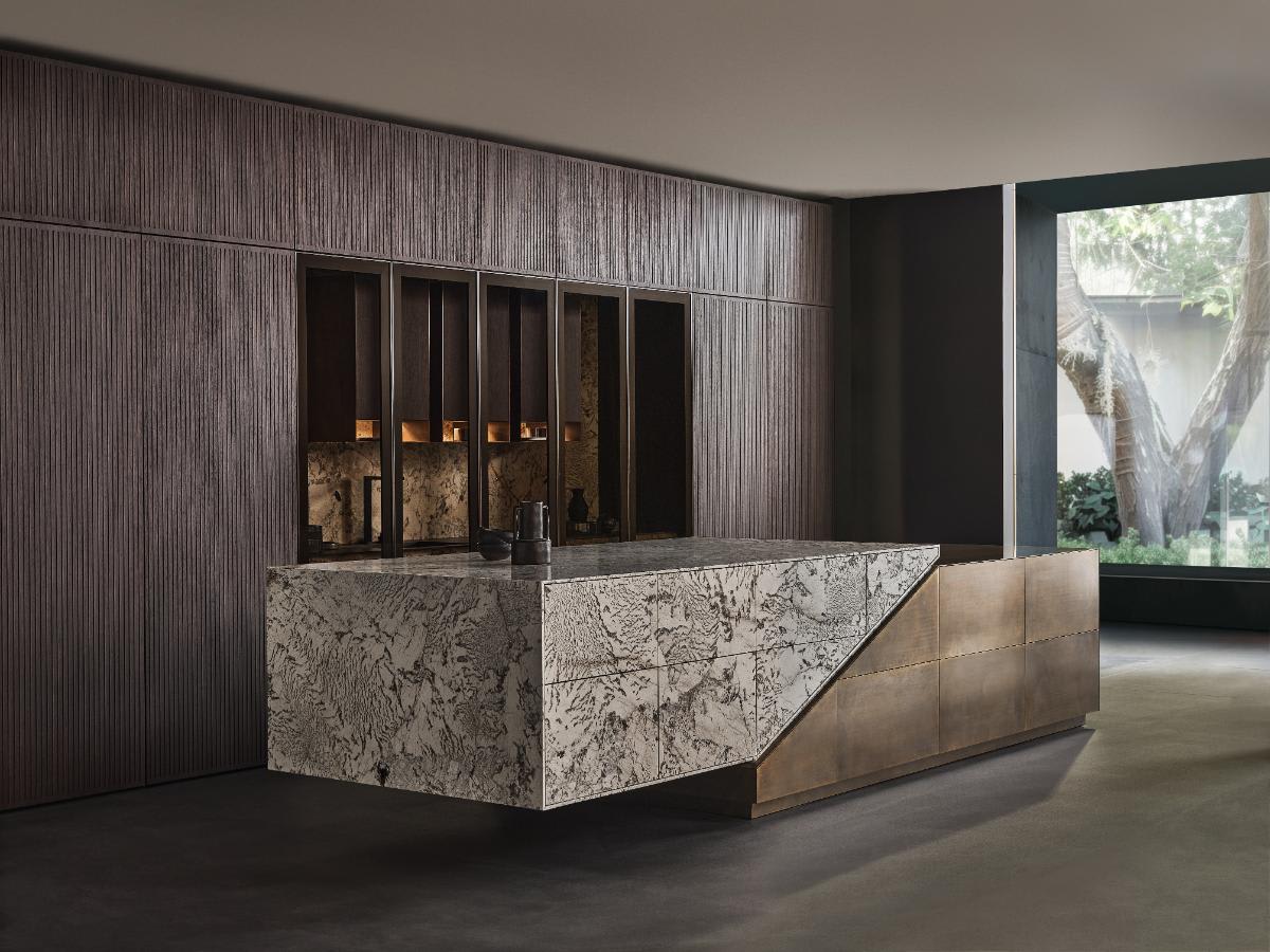 eggersmann skywalk kitchen island exhibit at eurocucina 2024 in salone del mobile in milan kitchen-island with wall cabinetry in lausanne bog Oak