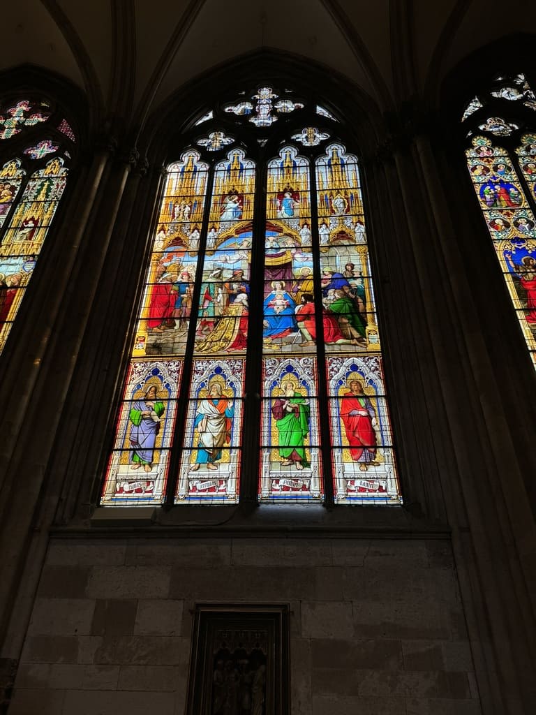 vibrant stained glass windows inside the dom cathedral in cologne germany