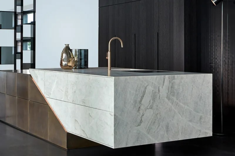 close up of levitated stone end of a skywalk kitchen island in a display kitchen of the eggersmann germany showroom