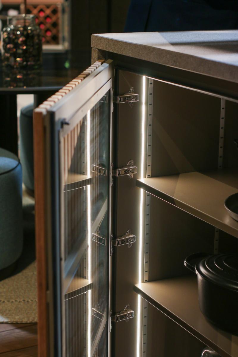 closeup of door hinges and shelves in cabinetry of a c1 pure outdoor kitchen by eggersmann outdoor living