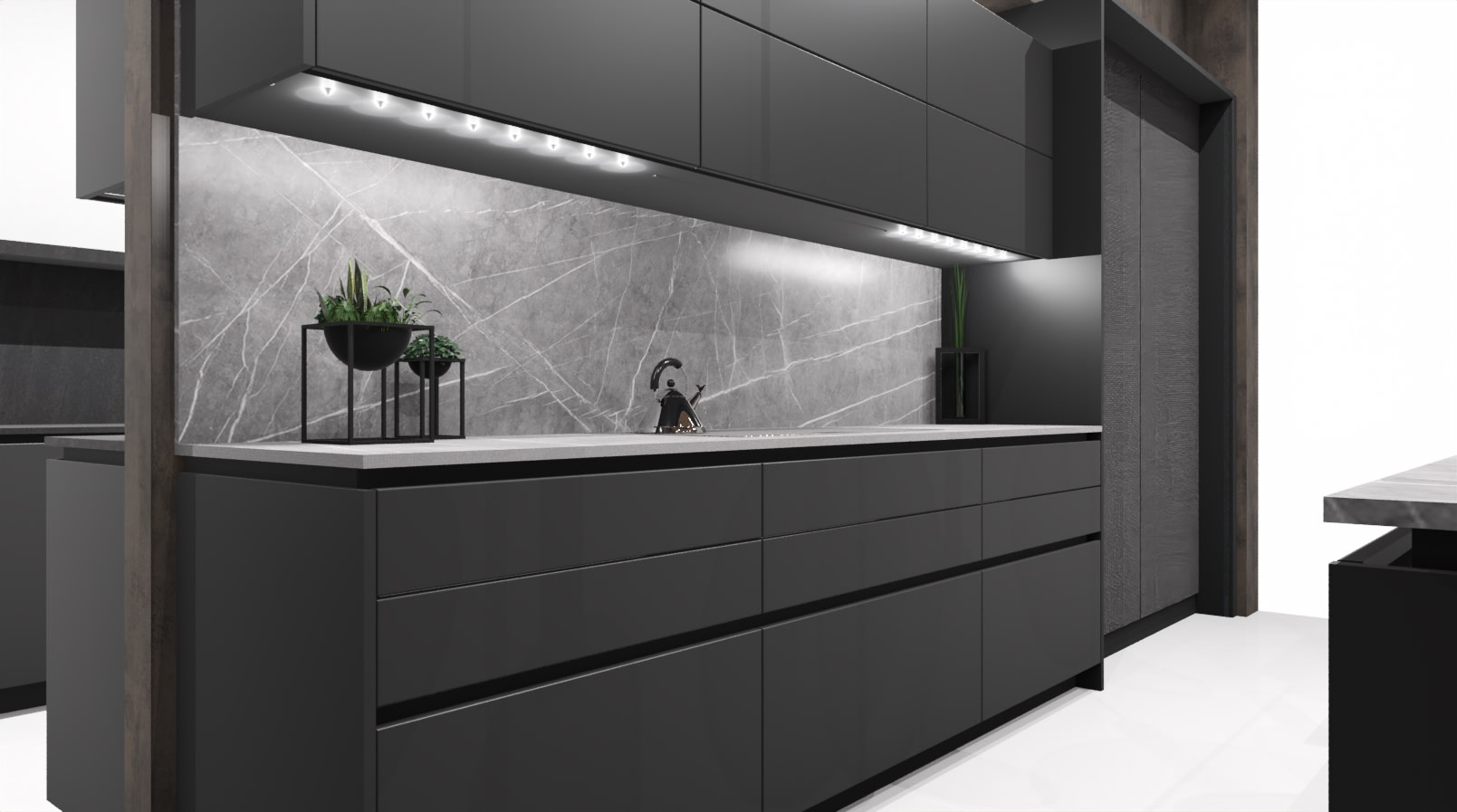 rendering for design of a back kitchen's forward galley countertop of a new construction home in westlake tx