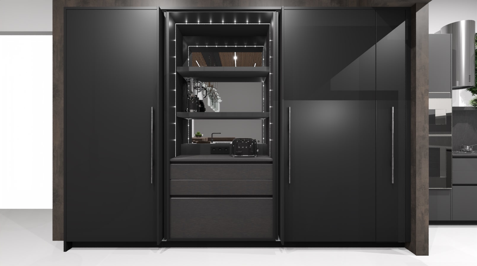 rendering for design of a show kitchen's wall cabinetry with hidden bar behind pocket doors in a new construction home in westlake tx
