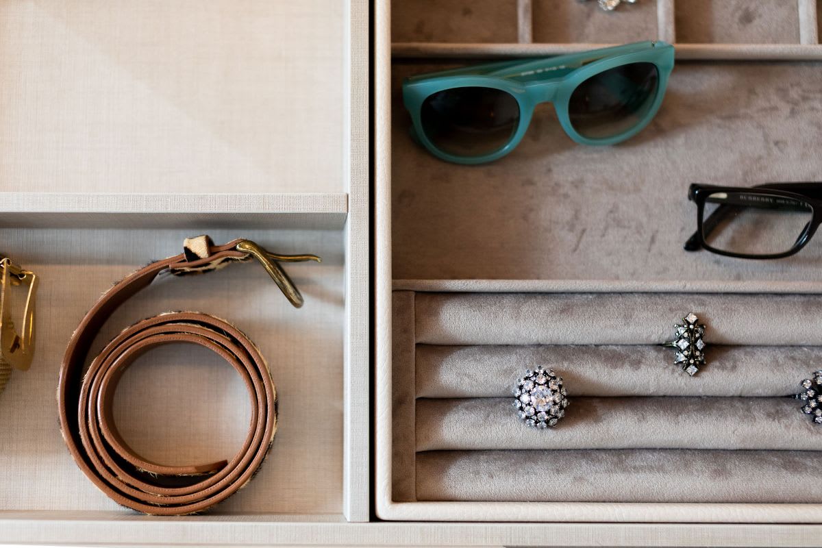 closeup of a handcrafted velvet-lined jewelry and sundries drawer organizer
