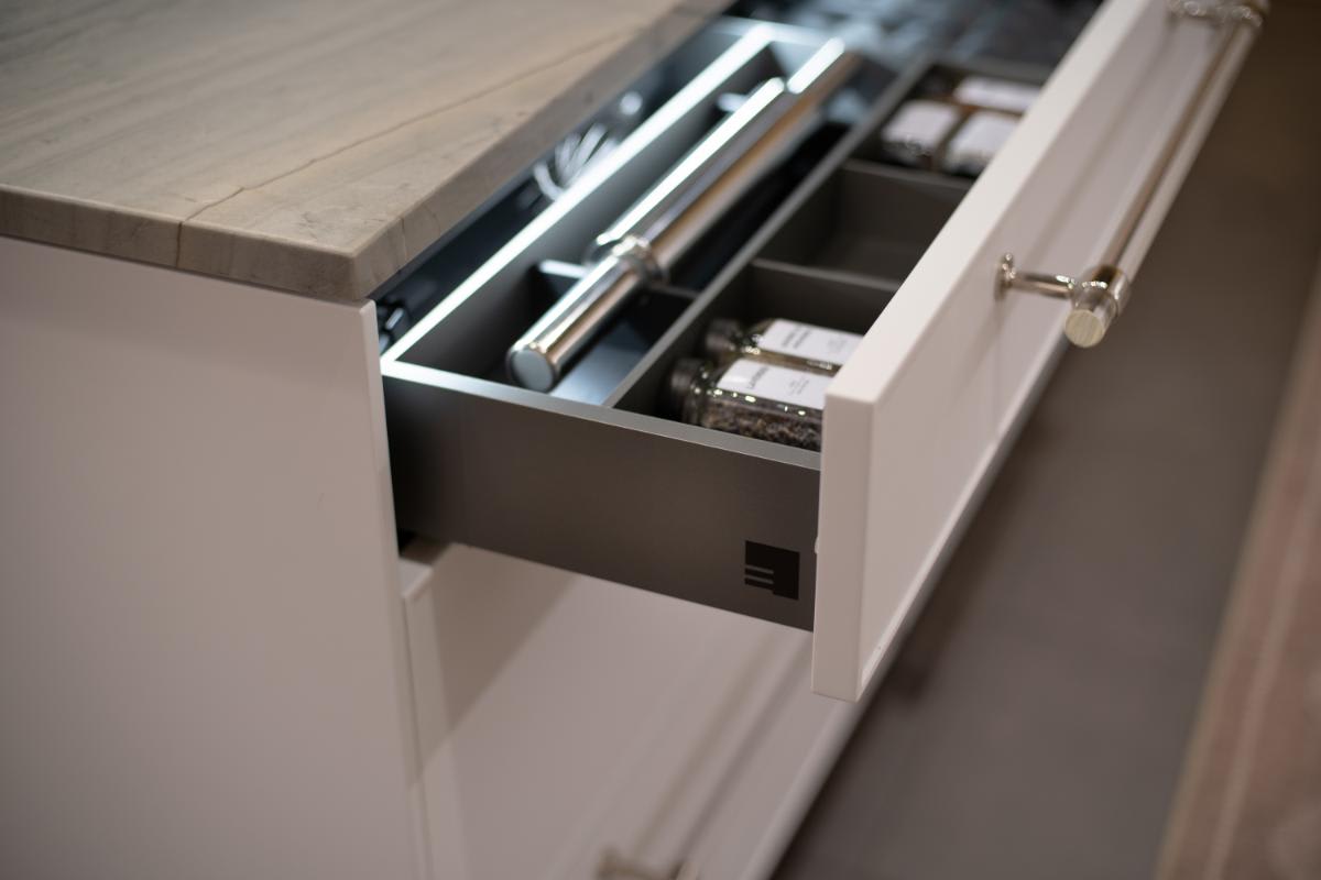 baking supplies drawer organization from boxtec in a drawer of a eggersmann nyc showroom display kitchen