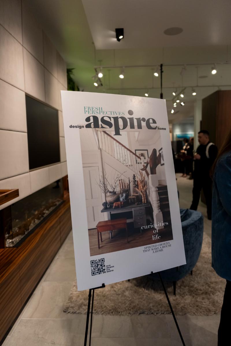 enlarged aspire magazine cover poster announces aspires' sponsorship of design west hollywood 2025 in the eggersmann la showroom