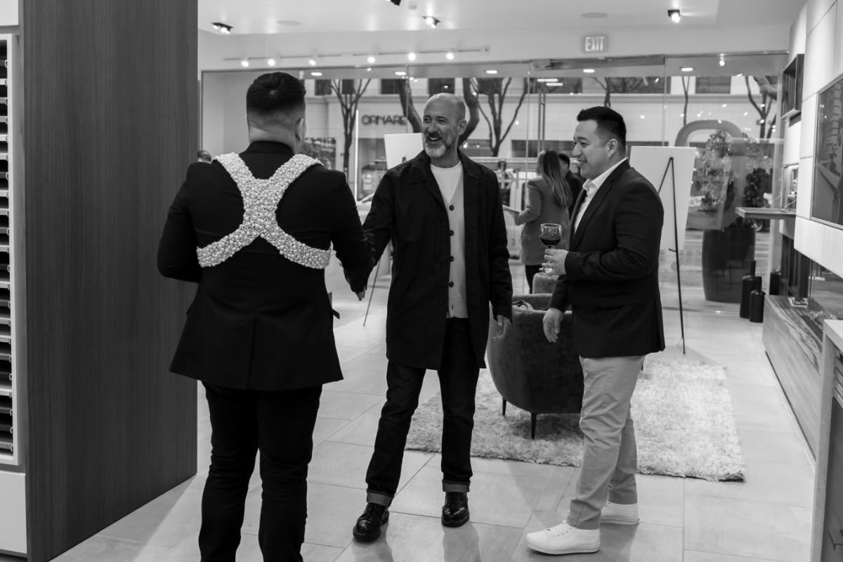 design professionals greet one another during design west hollywood 2025 in the eggersmann la showroom