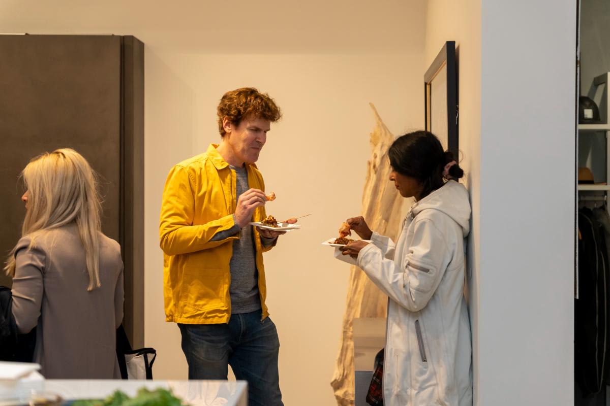 design professionals enjoying light bites during design west hollywood 2025 in the eggersmann la showroom