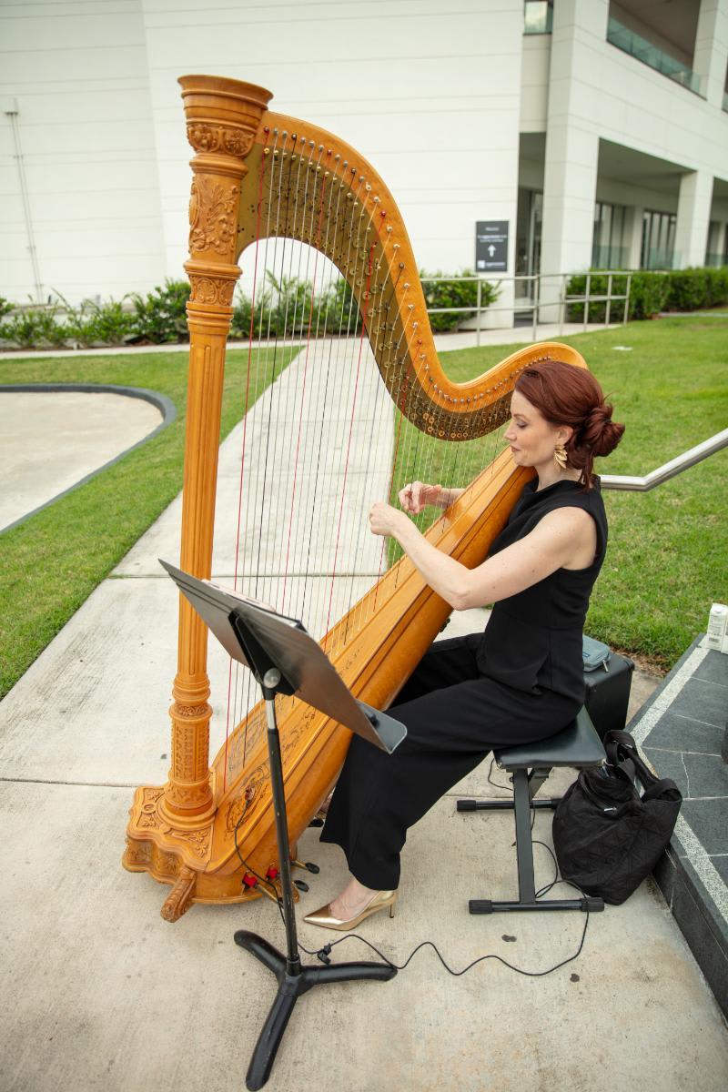 harpist in the courtyard of the Decorative Center Houston during the chef's night out competition at eggersmann houston's grand re-opening