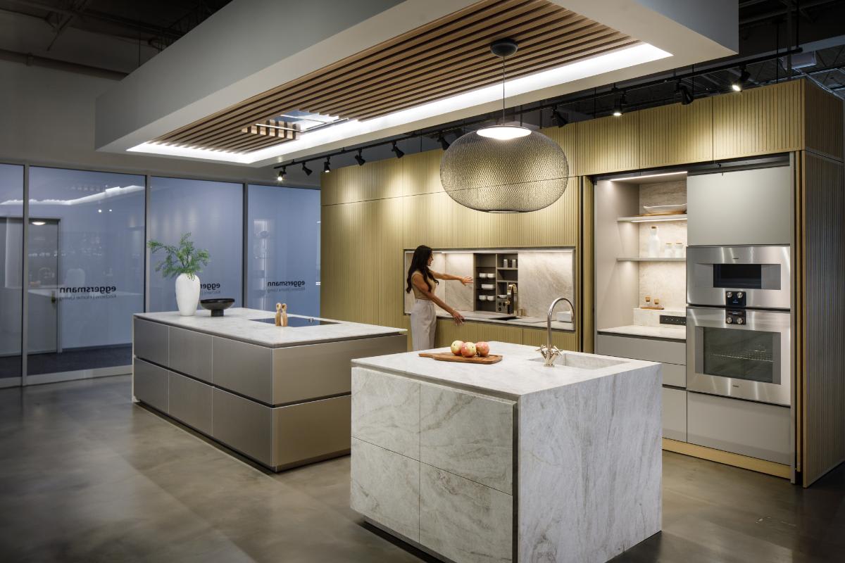 woman with partially opened motionv sliding backsplash door