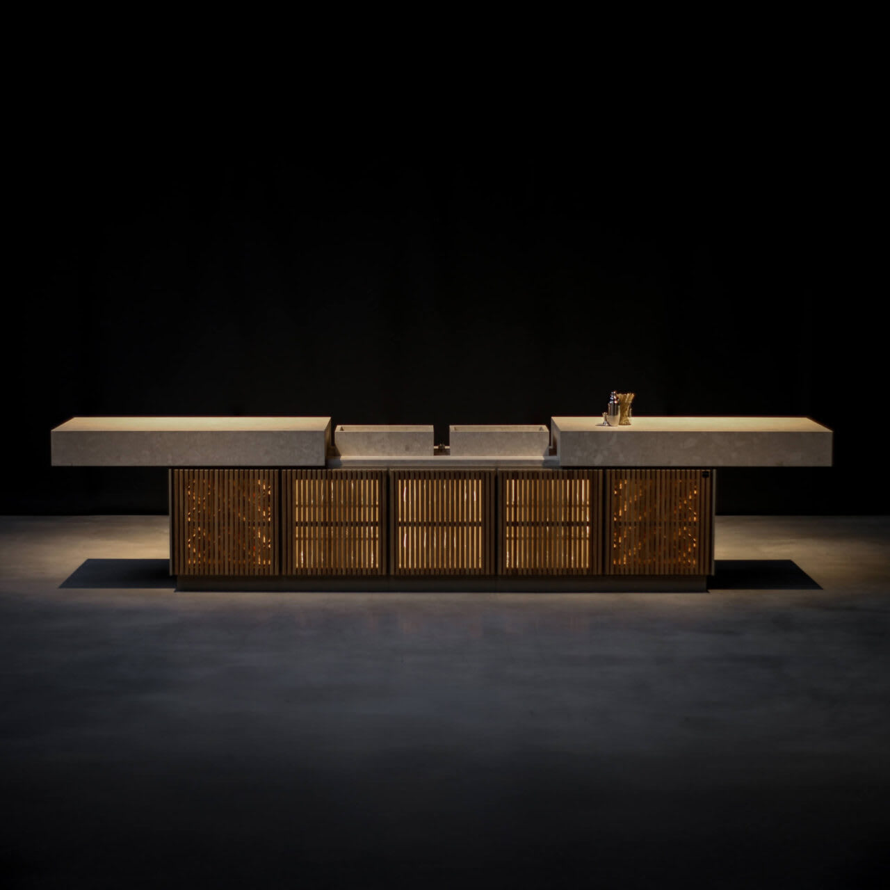 cubic floating bar with led lighting illuminating thru slatted front and with the split countertop open