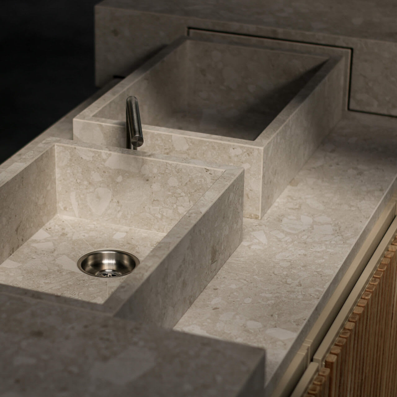 dual integrated raised edge sinks in a cubic floating bar open