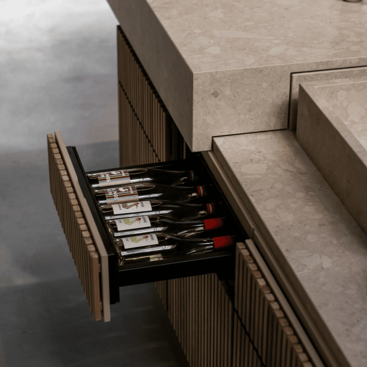 refrigerated drawer for wine storage in a cubic floating bar