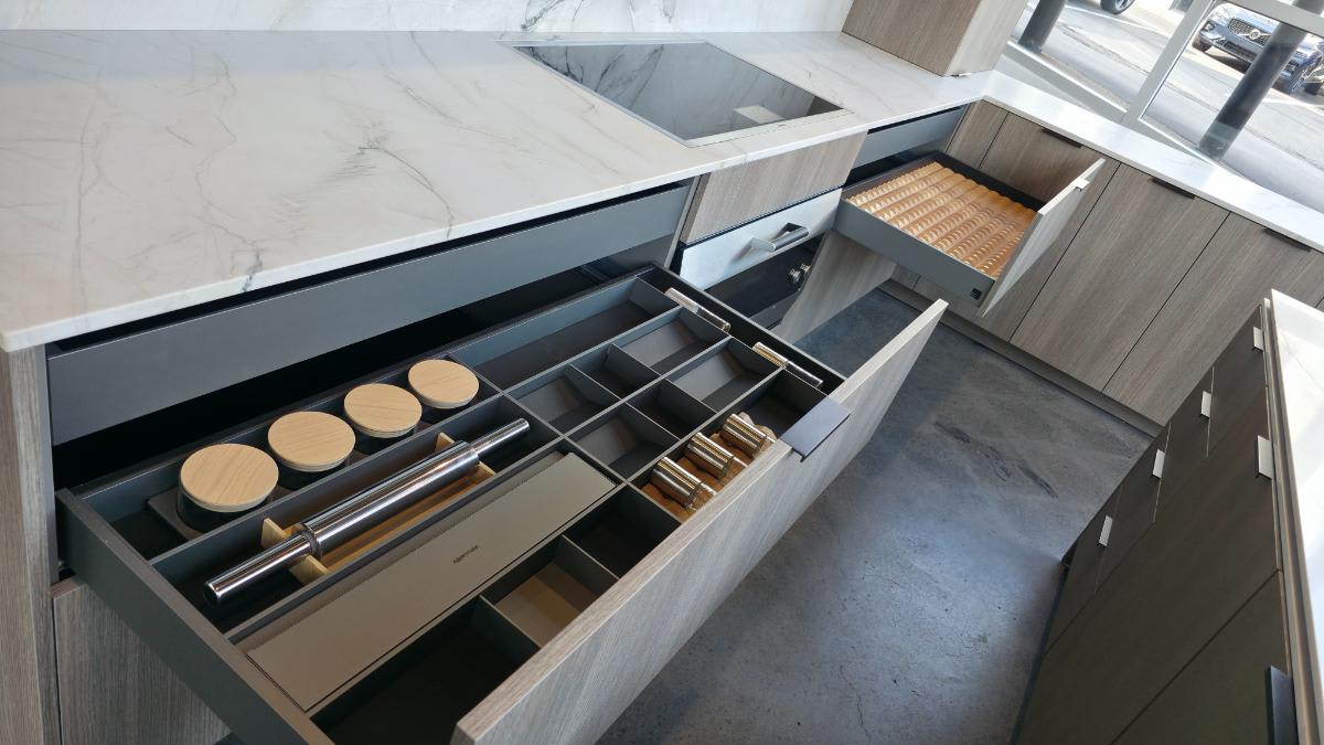 ebx boxtec drawer organizers in a luxury kitchen display at eggersmann pittsburgh