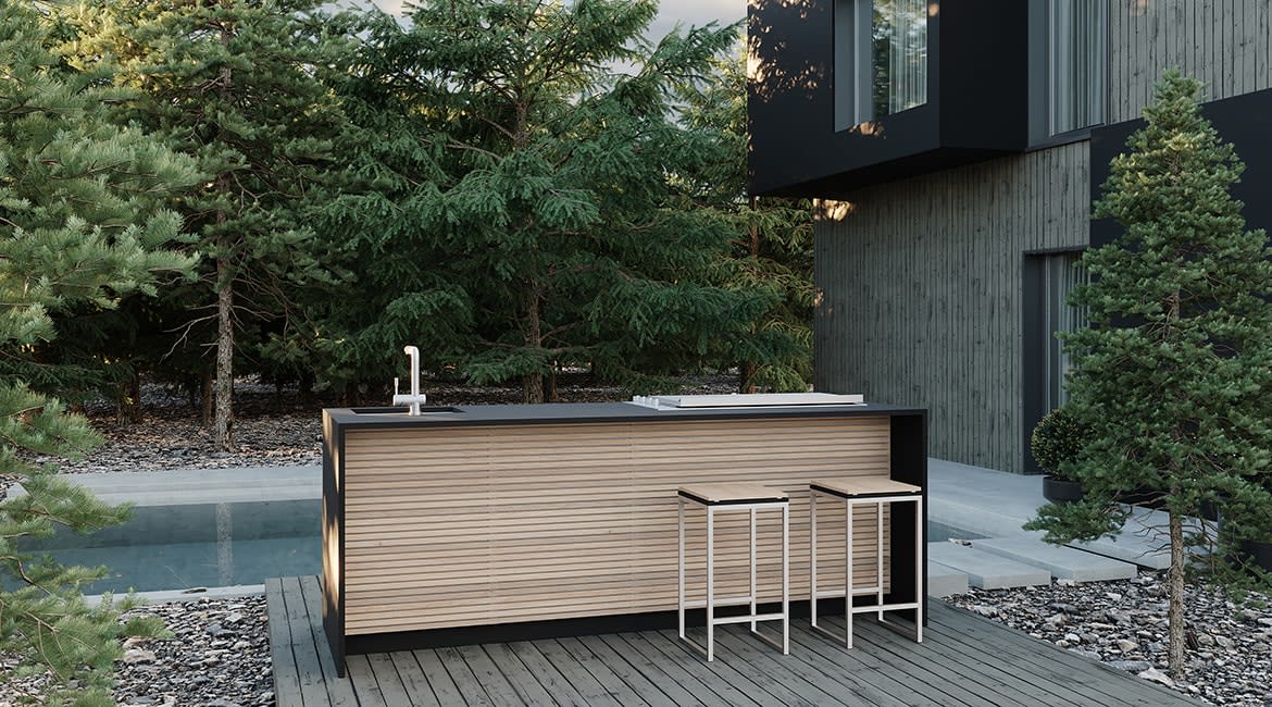 cubic c3 kitchen with a black stone waterfall counter beside a pool