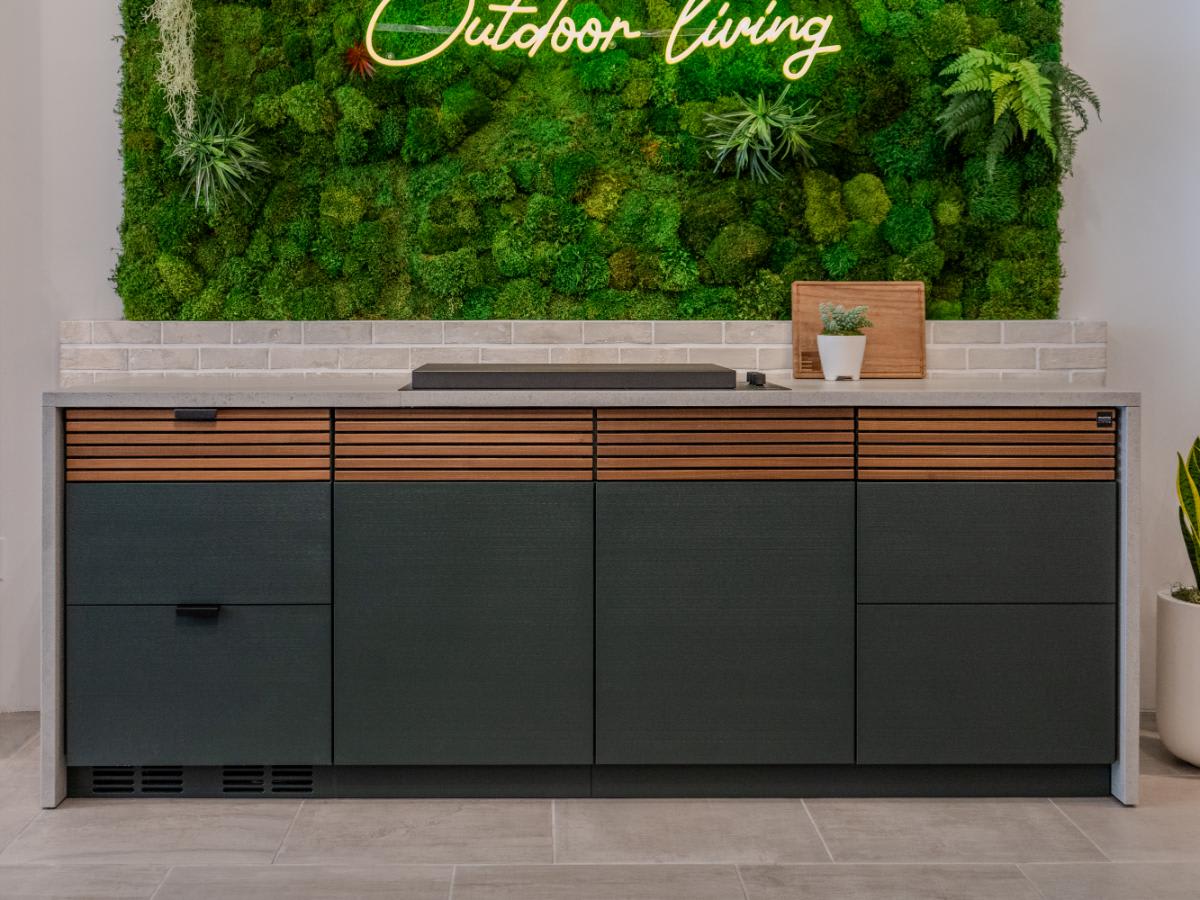 closeup of c4 kitchen island in the cubic outdoor kitchen display inside eggersmann la showroom