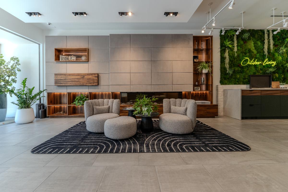 living area media wall display with tv hidden in the eggersmann la showroom