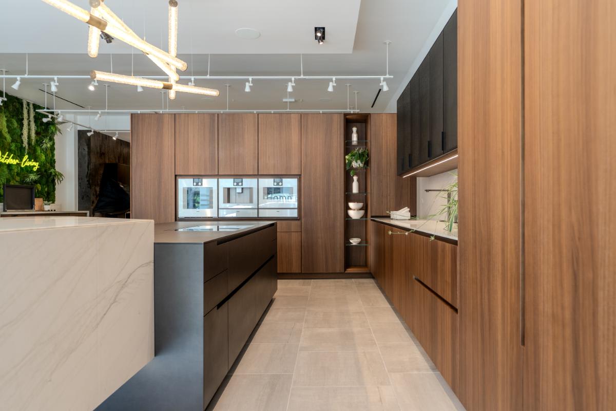 galley of a skywalk kitchen from eggersmann's unique cabinetry collection in the eggersmann la showroom