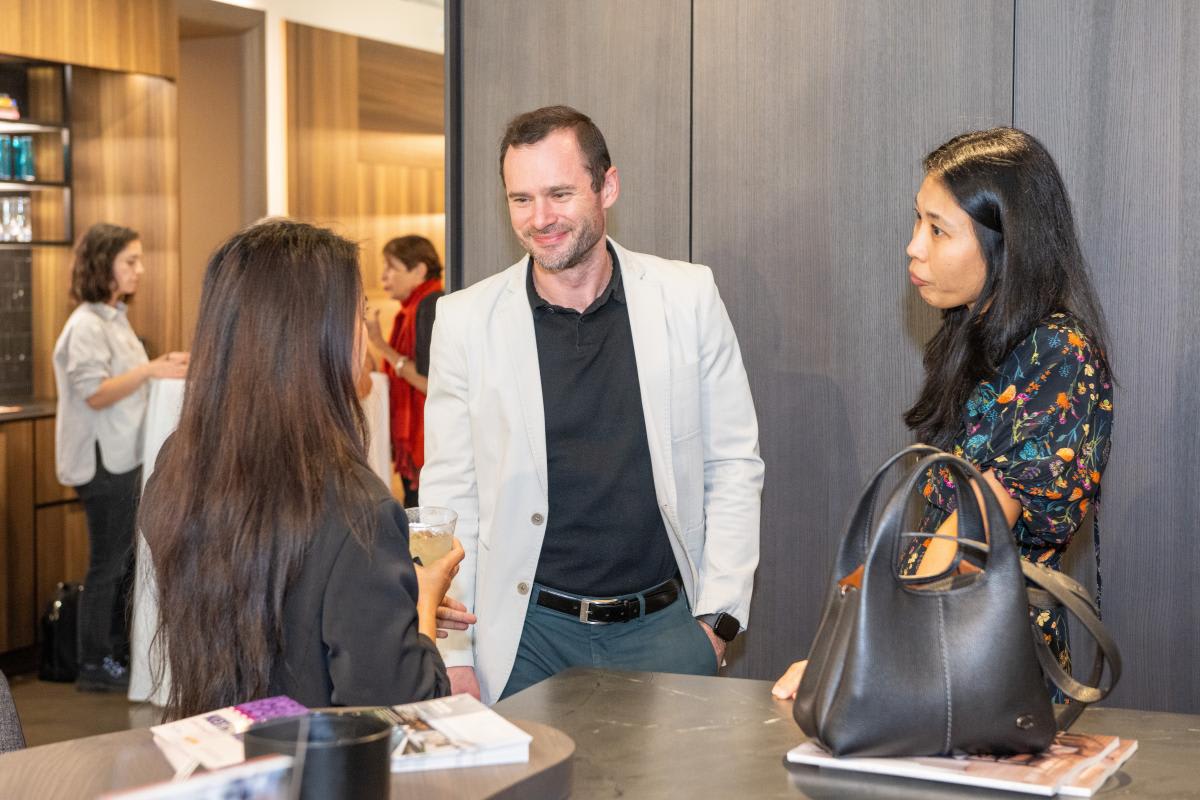 guests chat at the aia home tour 2025 appreciation party in the eggersmann houston showroom