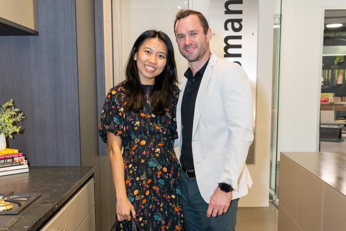 guests pose in the eggersmann houston showroom during the 2025 aia home tour appreciation party
