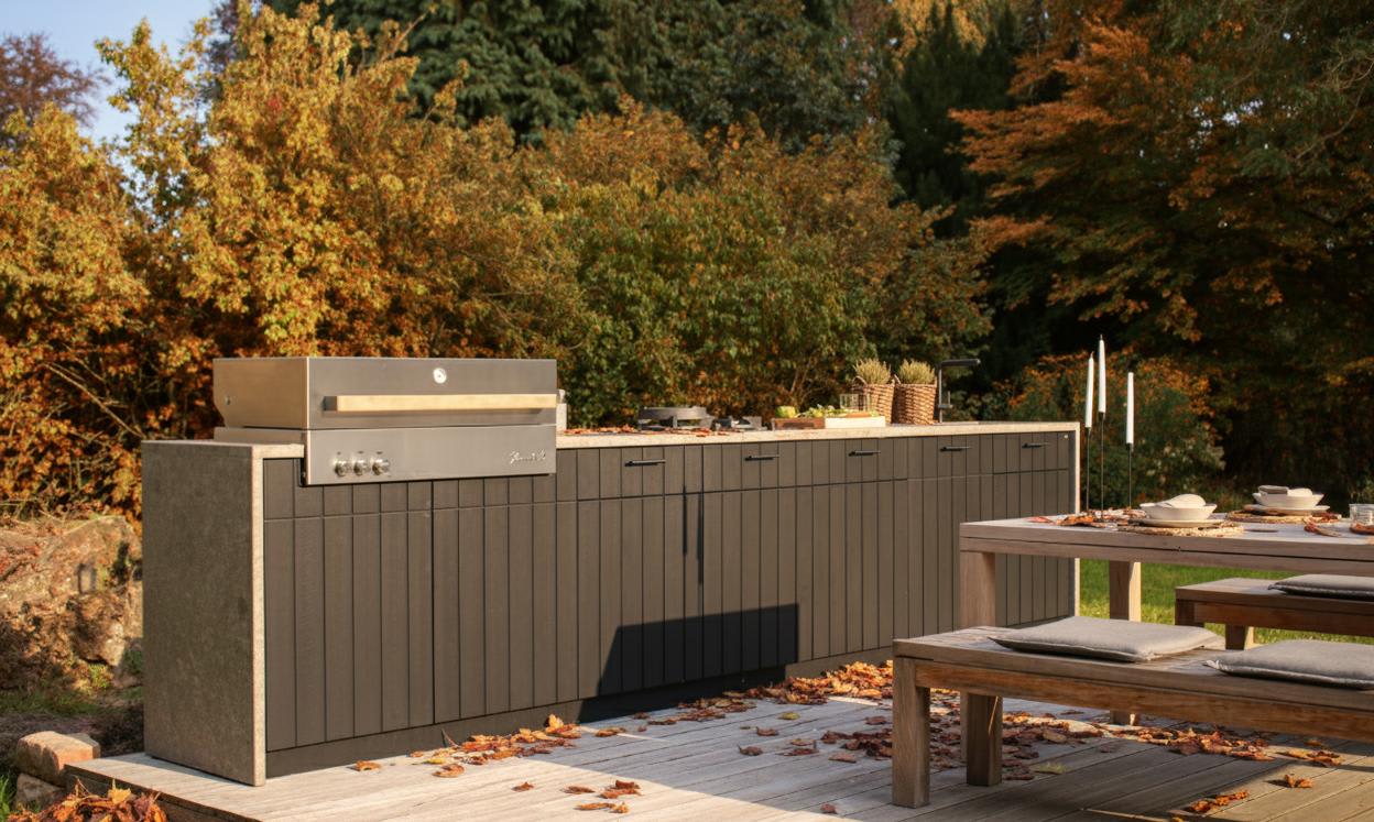 extra long cubic outdoor kitchen island with grill in the autumn