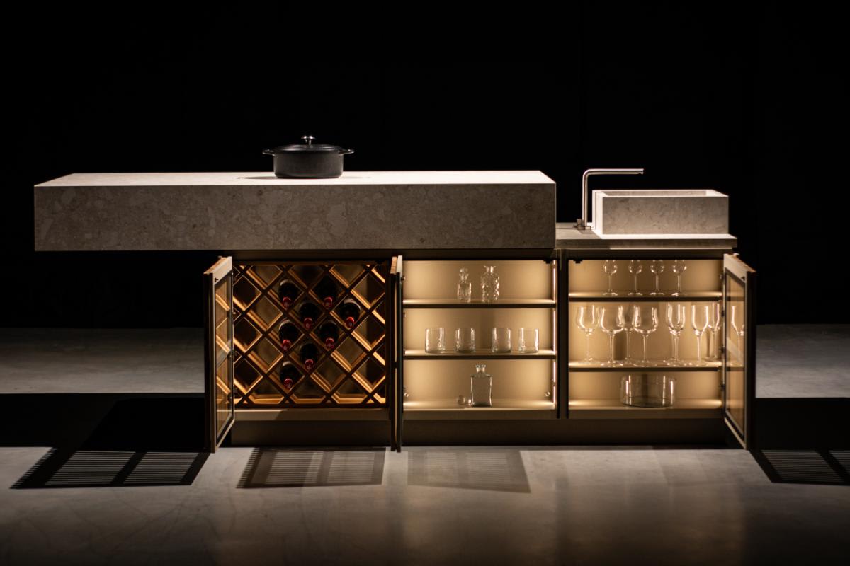 outdoor floating bar counter open to reveal sink and doors open to reveal built-in led lighting, designed by eggersmann usa and cubic outdoor living outdoor floating bar counter open to reveal sink and doors open to reveal built-in led lighting, designed by eggersmann usa and cubic outdoor living