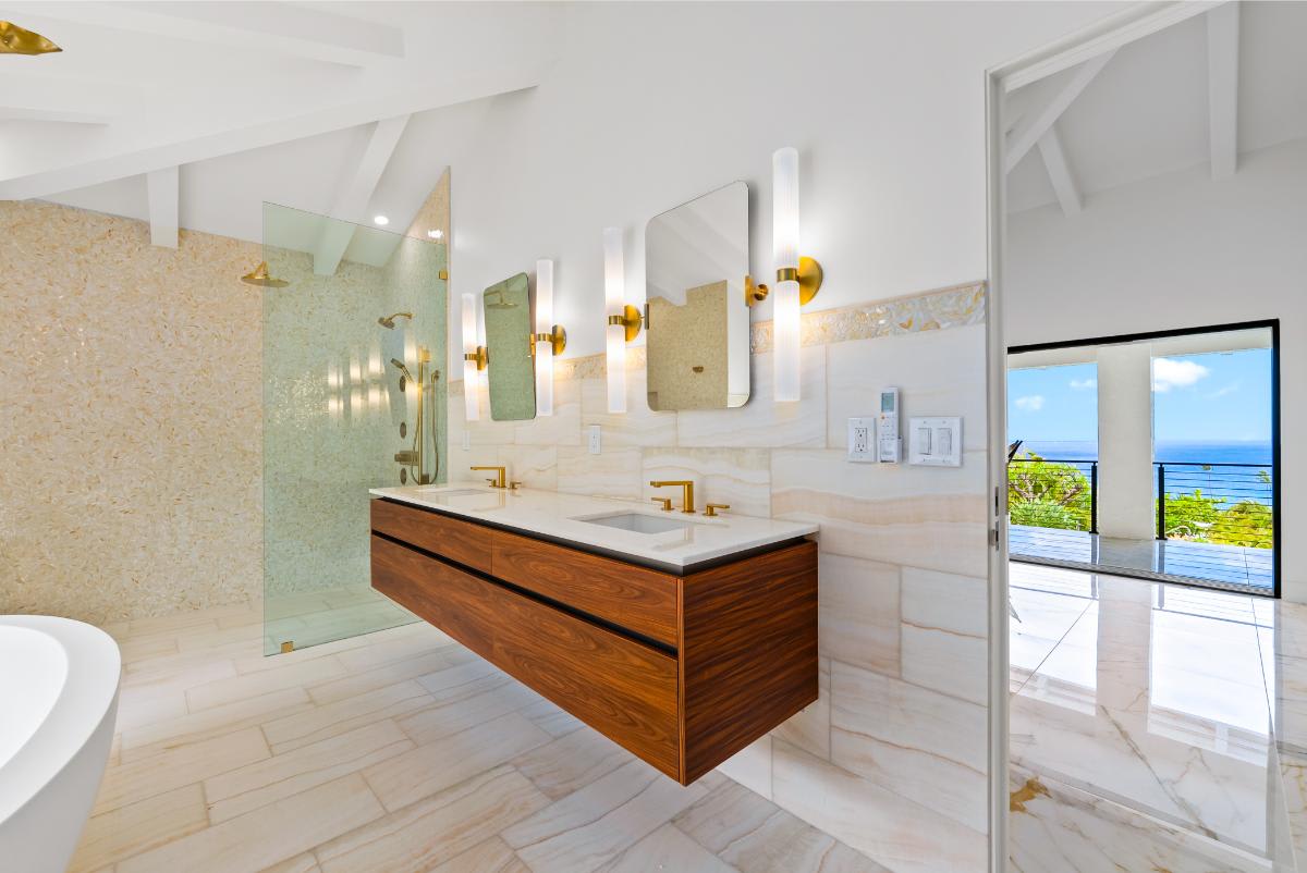 floating double vanity in a luxury bath designed by eggersmann laguna for a home in hawaii