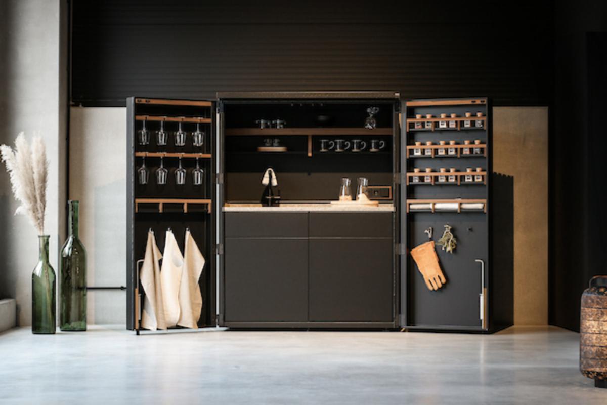 cubic kitchen in a cupboard with a dark brown interior