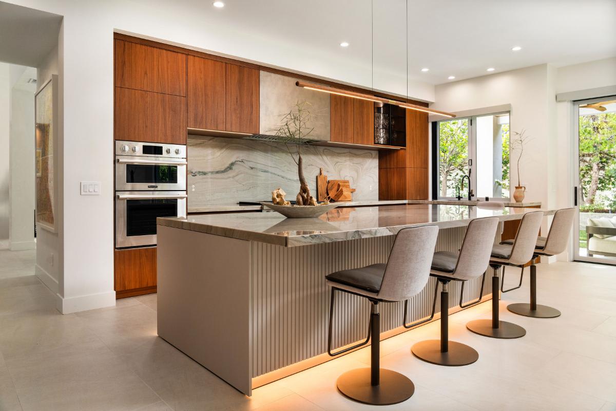 side view of a modern luxury kitchen designed by eggersmann laguna for a renovated newport beach home