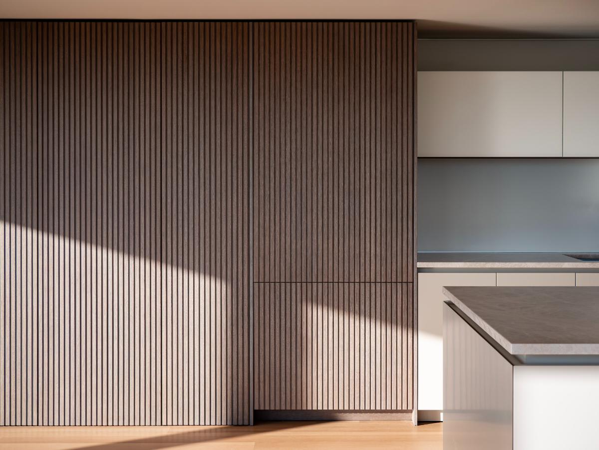 lausanne tambour-style wood veneer wall cabinetry in a modernist kitchen in chicago