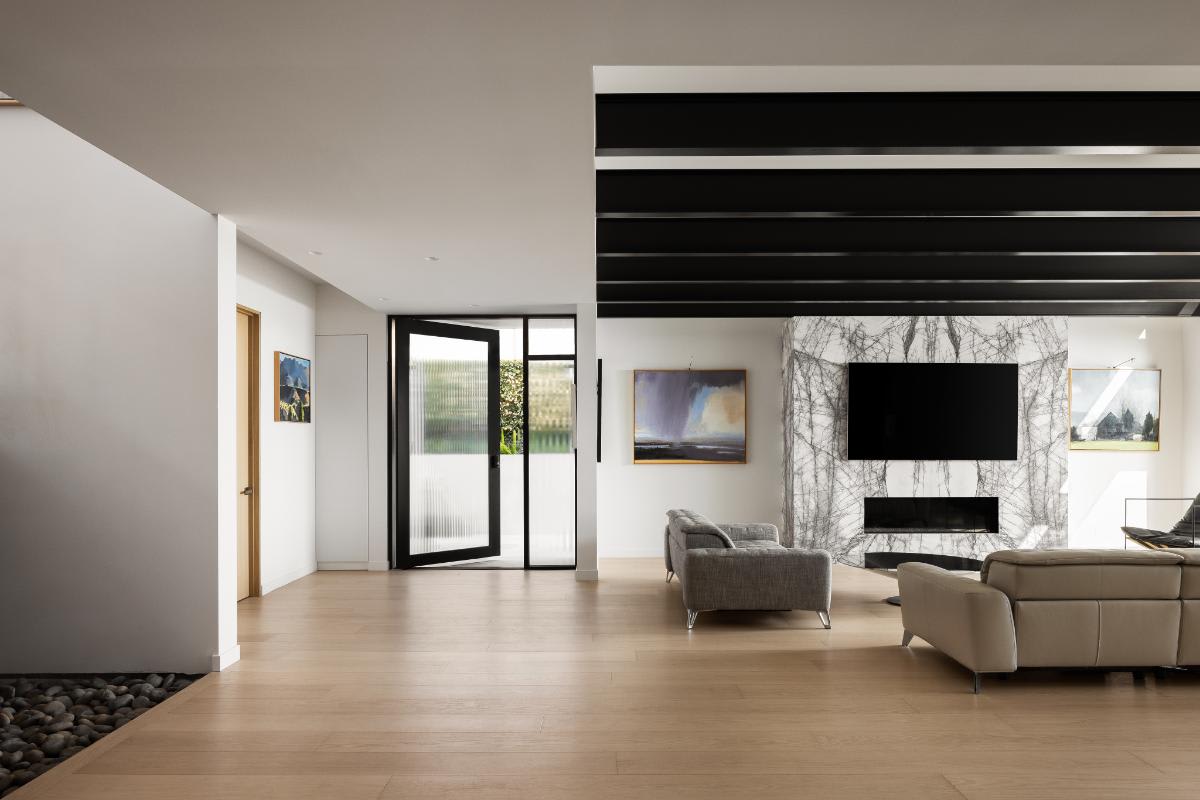 front entry as seen from the great room of a lagunitas home in laguna beach california