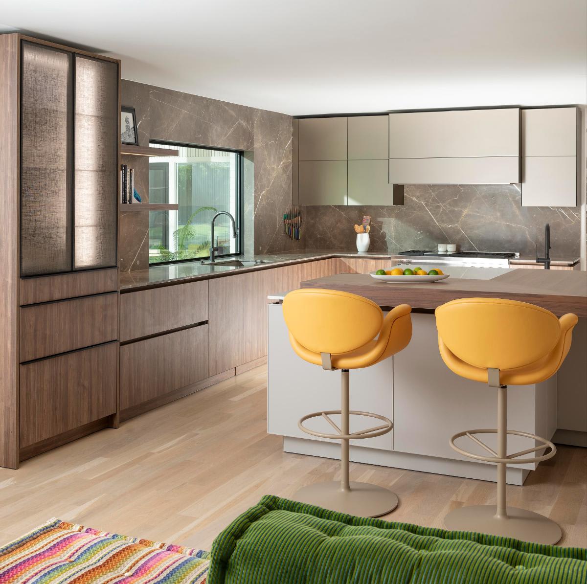 mid-century white and warm wood kitchen designed by eggersmann dallas feature bright pops of yellow and green for a Preston Hollow kitchen renovation