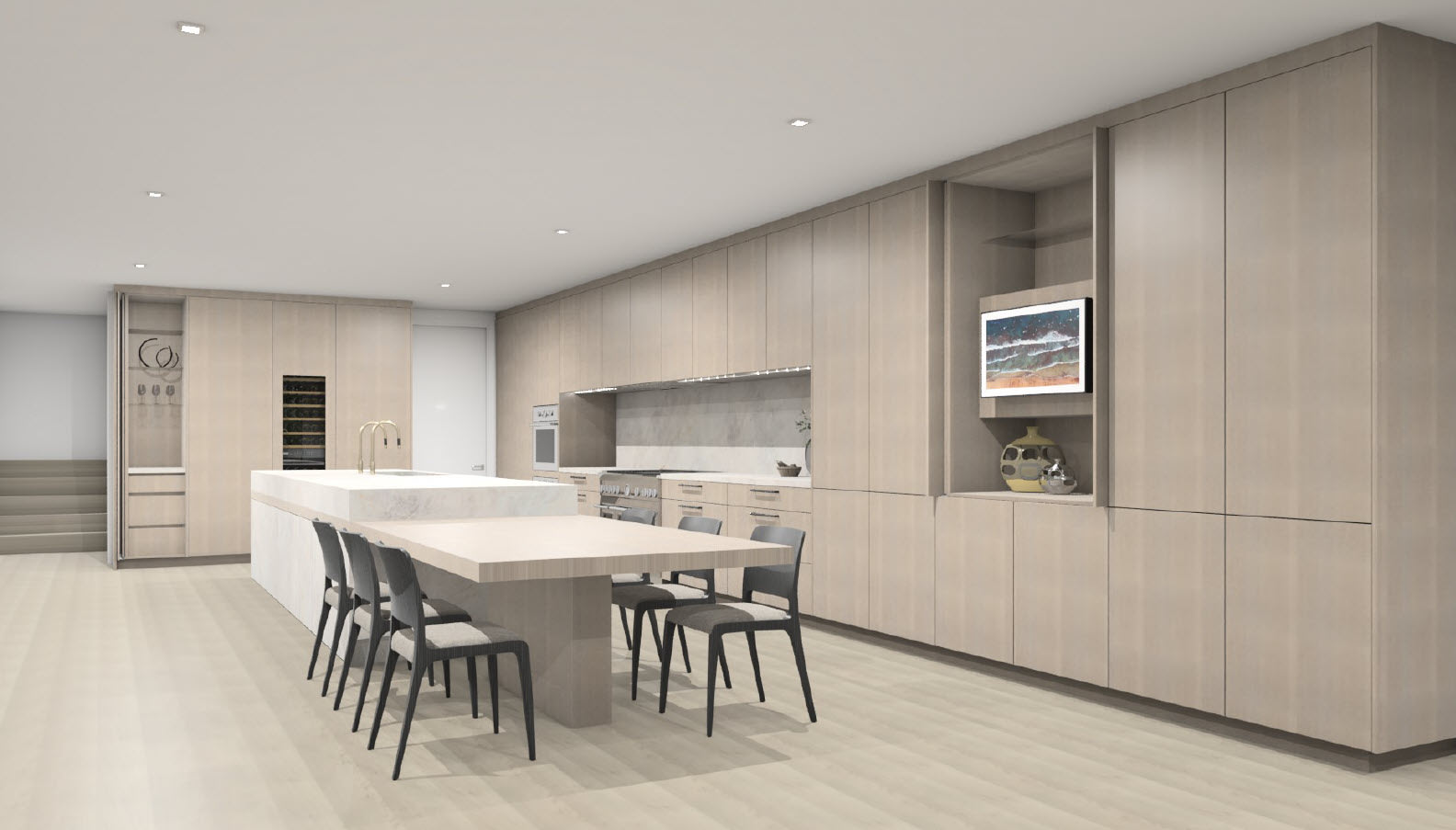 rendering of an eggersmann-designed kitchen island with spekva wood dining merged into the stone cabinetry and counter rendering of an eggersmann-designed kitchen island with spekva wood dining merged into the stone cabinetry and counter