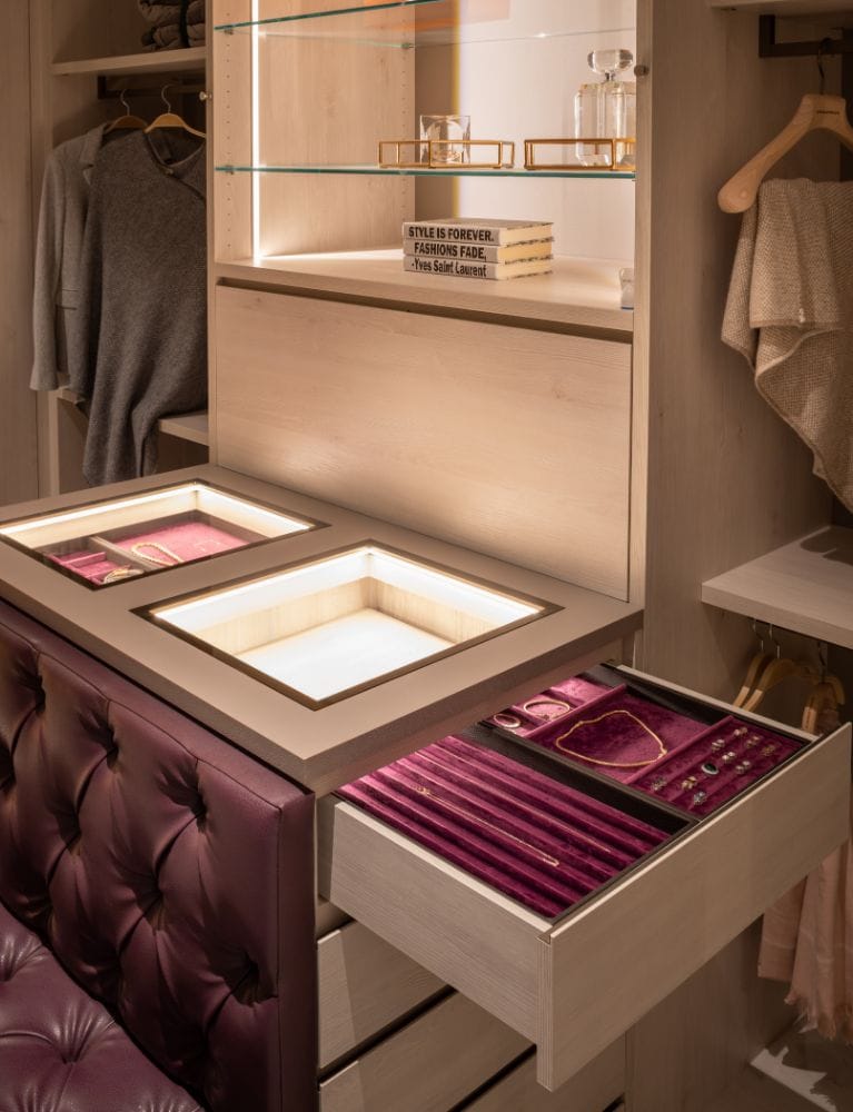 open drawer of a Glass-Top Velvet-Lined Jewelry Storage by Schmalenbach