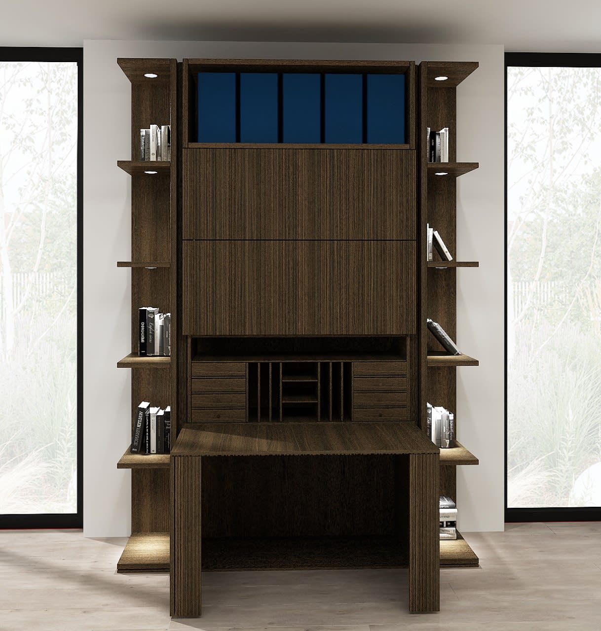 eggersmann laguna rendering of a fold-away desk and shelf display shown open