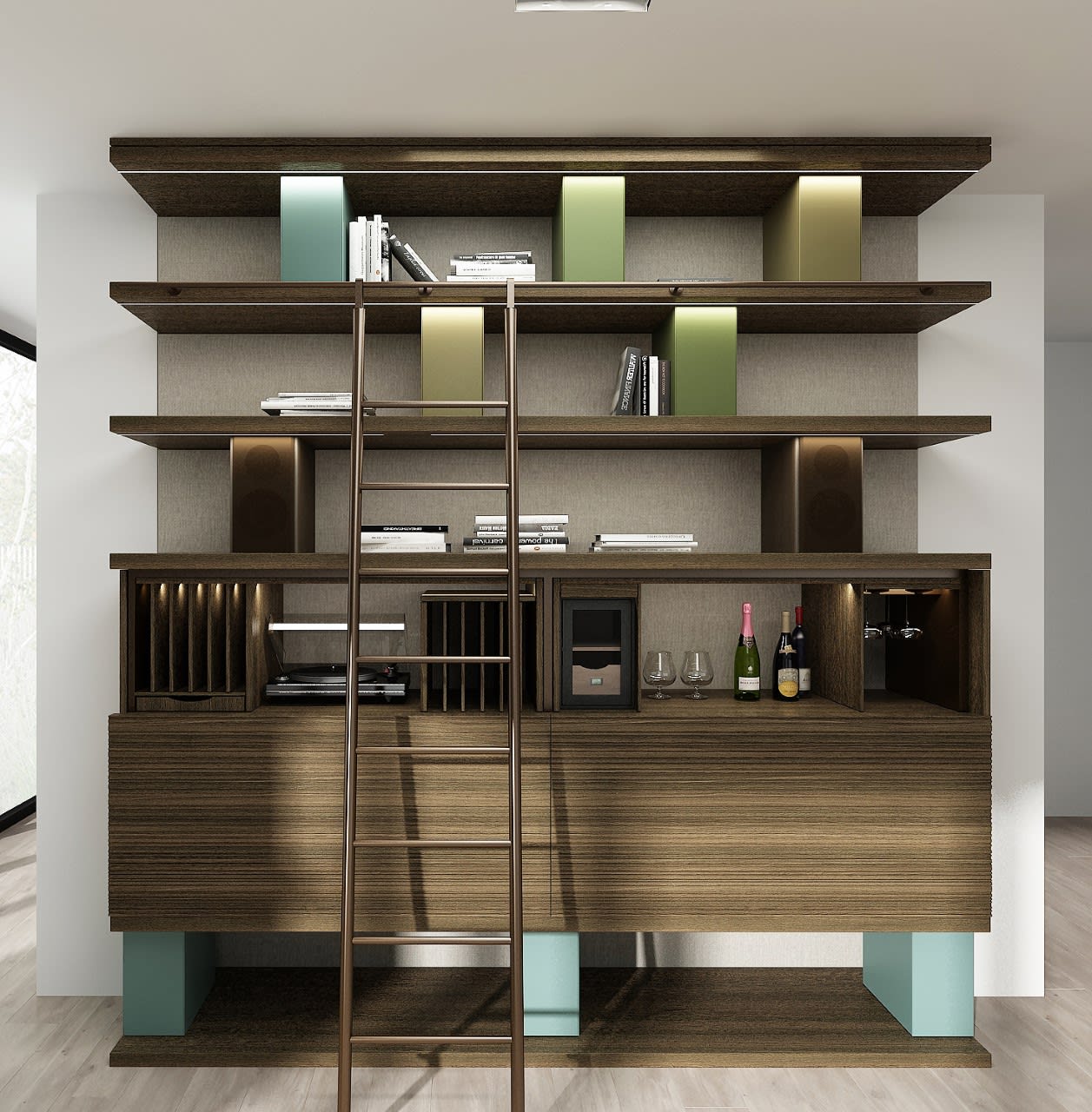 eggersmann laguna rendering of a library with hidden bar (shown open) and electronics on ample shelving