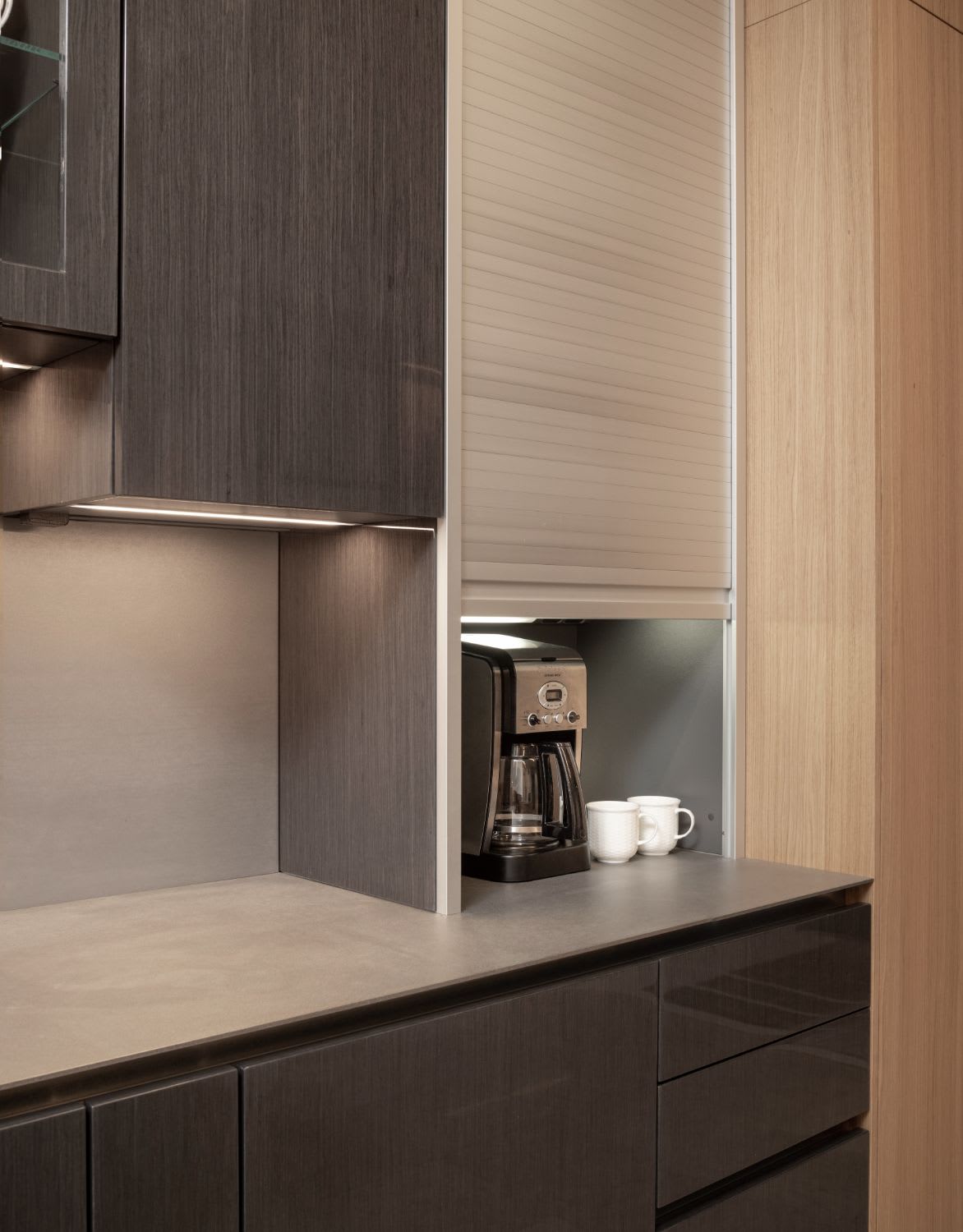 hidden coffee bar with garage door open