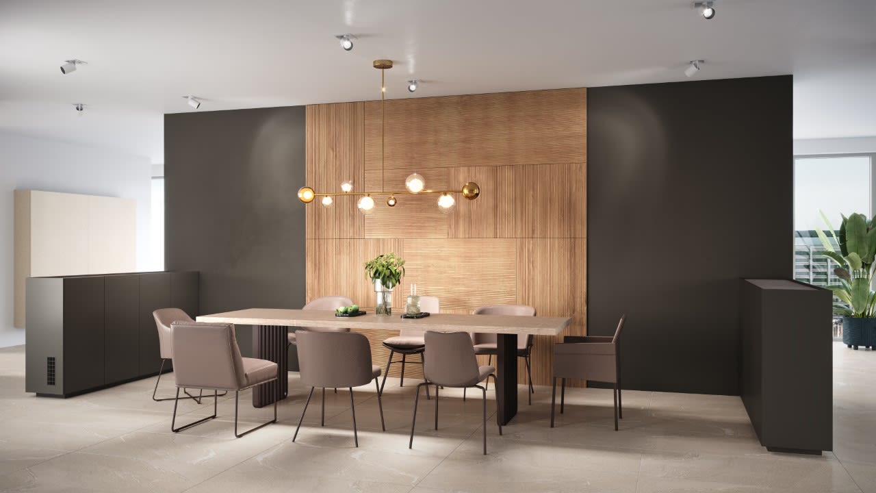 eggersmann laguna rendering of a dining with a fastmount wood veneer clad wall with a rise mount tv shown closed