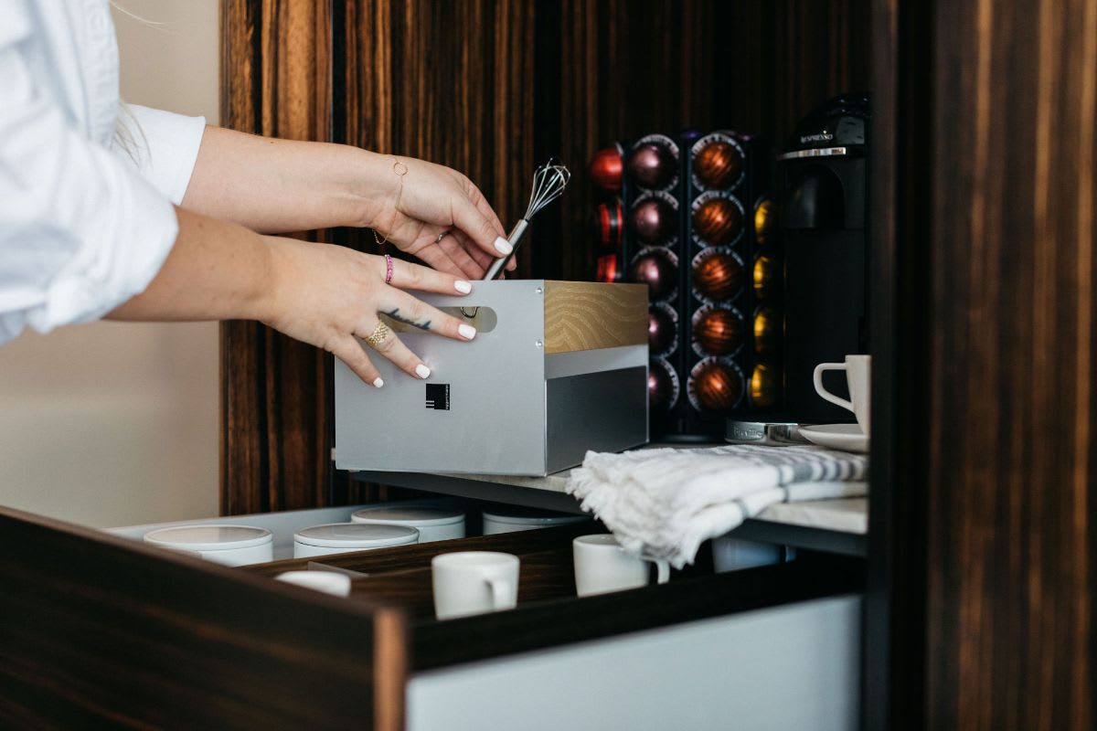 eggersmann boxtec metal & wood organizing caddy box is perfect to store utensils for your coffee bar