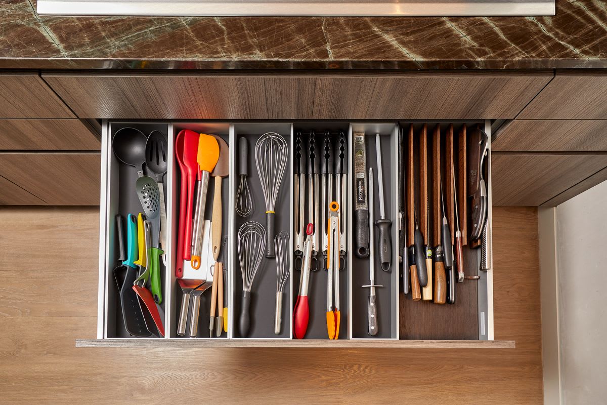 custom utensil drawer designed by eggersmann using boxtec drawer inserts