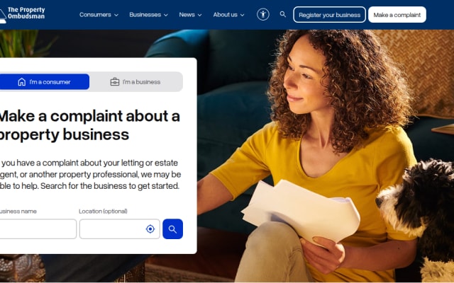 The Property Ombudsman homepage with its complaint search for consumers and businesses