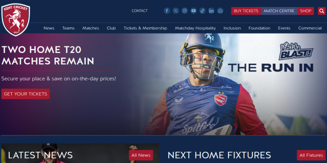 Kent County Cricket Club homepage promoting T20 fixtures and ticket sales