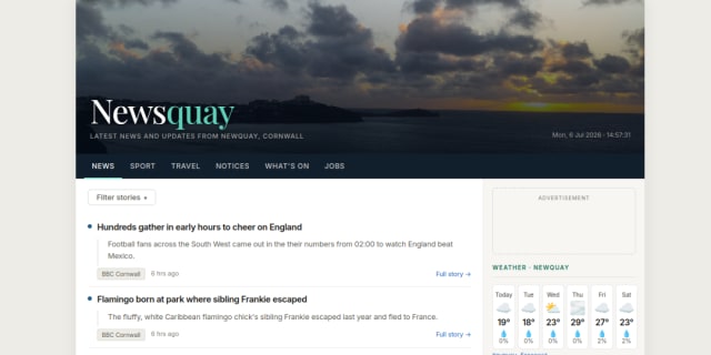 Newsquay homepage showing local news headlines, weather and surf conditions