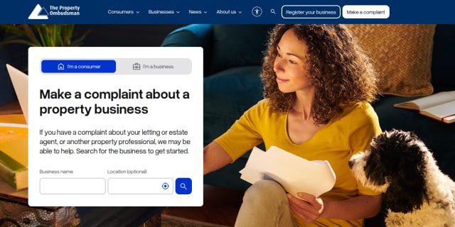 The Property Ombudsman homepage with its complaint search for consumers and businesses