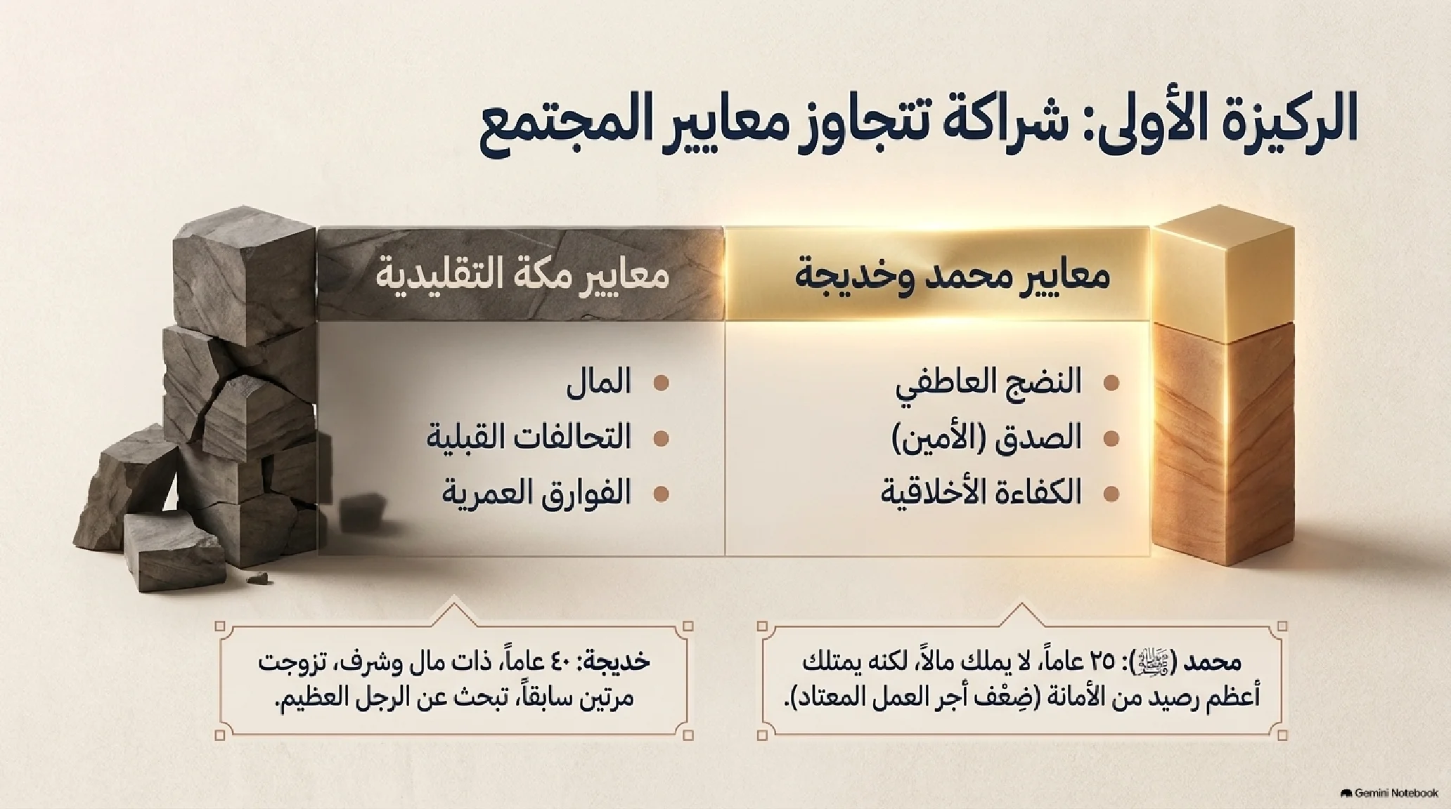 3- بناء الإنسان قبل الرسالة: الخلوة، الزواج المبارك، وإعادة بناء الكعبة المشرفة - شريحة 4