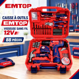 طقم أدوات EMTOP مع مفك ومثقاب لاسلكي 12 فولت – 88 قطعة 1