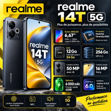 هاتف ريلمي 14T 5G بسعة 256 جيجابايت وذاكرة 12 جيجابايت RAM – أداء قوي وبطارية 6000mAh
